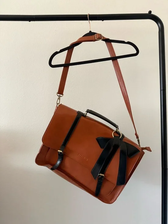 Ecosusi Vegan Leather Satchel Shoulder Bag Briefcase with Black Bow Accent - Tan - Picture 2 of 10